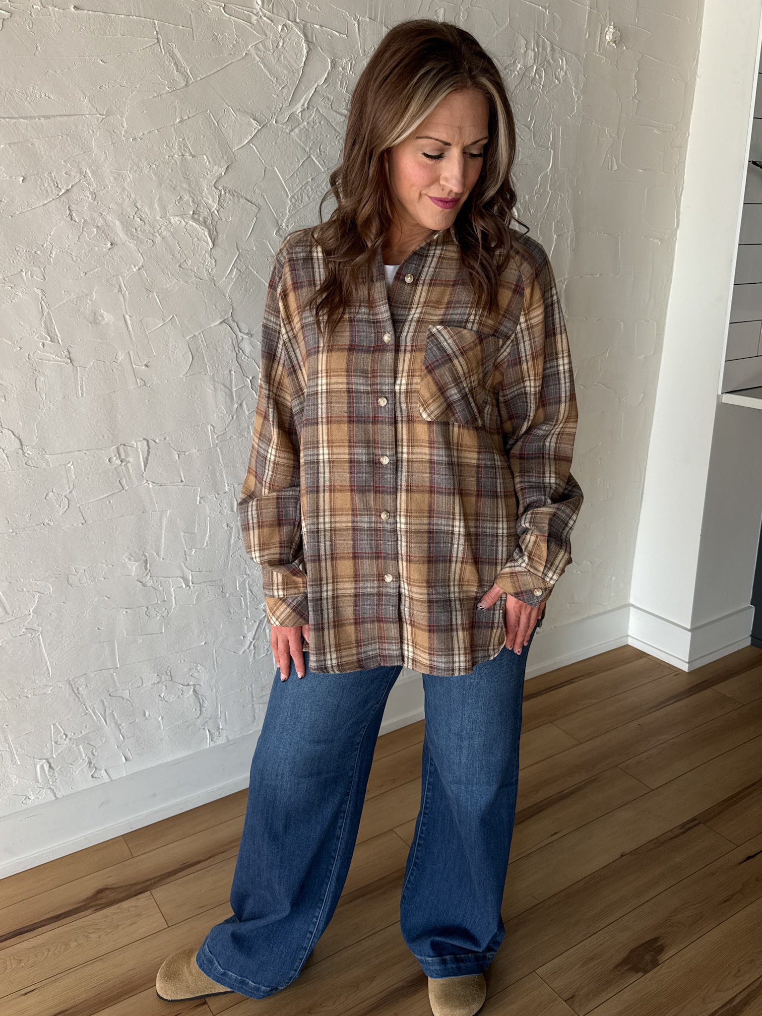 Oversized Plaid Button Up- Oatmeal - Ana Patricia Boutique