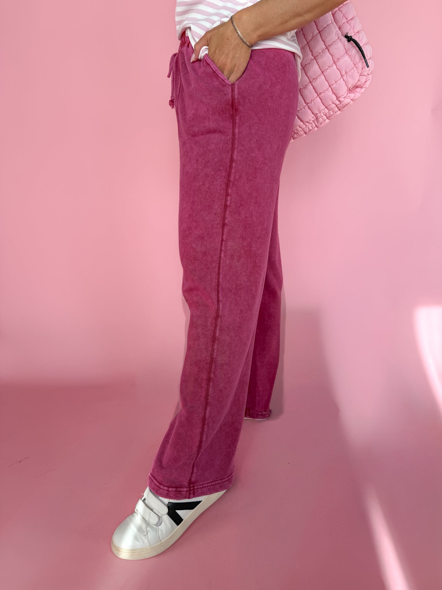 Acid Wash Wide Leg Pants-Red - Ana Patricia Boutique