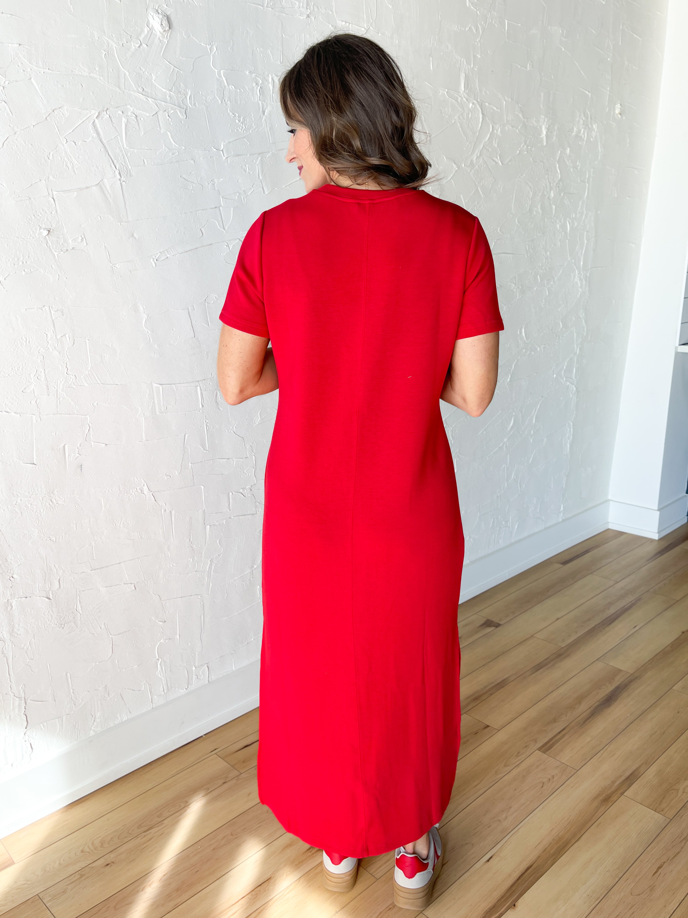 red scuba dress Dina Scuba Crepe Twist Halter Neck Floor Length Gown