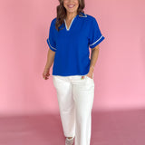 Scallop Embroidery Collared Top- Blue - Ana Patricia Boutique