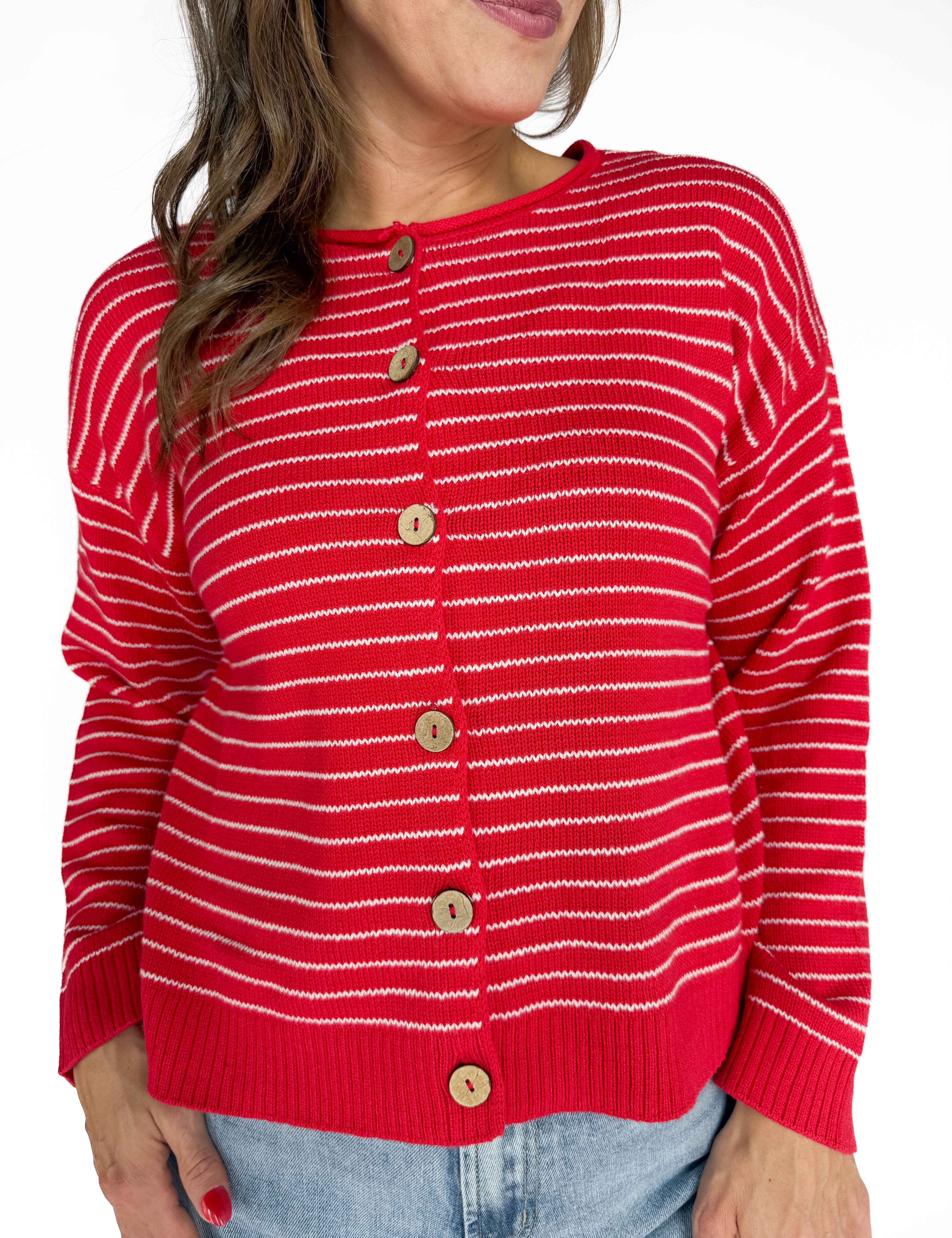 Stripe Button Cardigan -Red - Ana Patricia Boutique