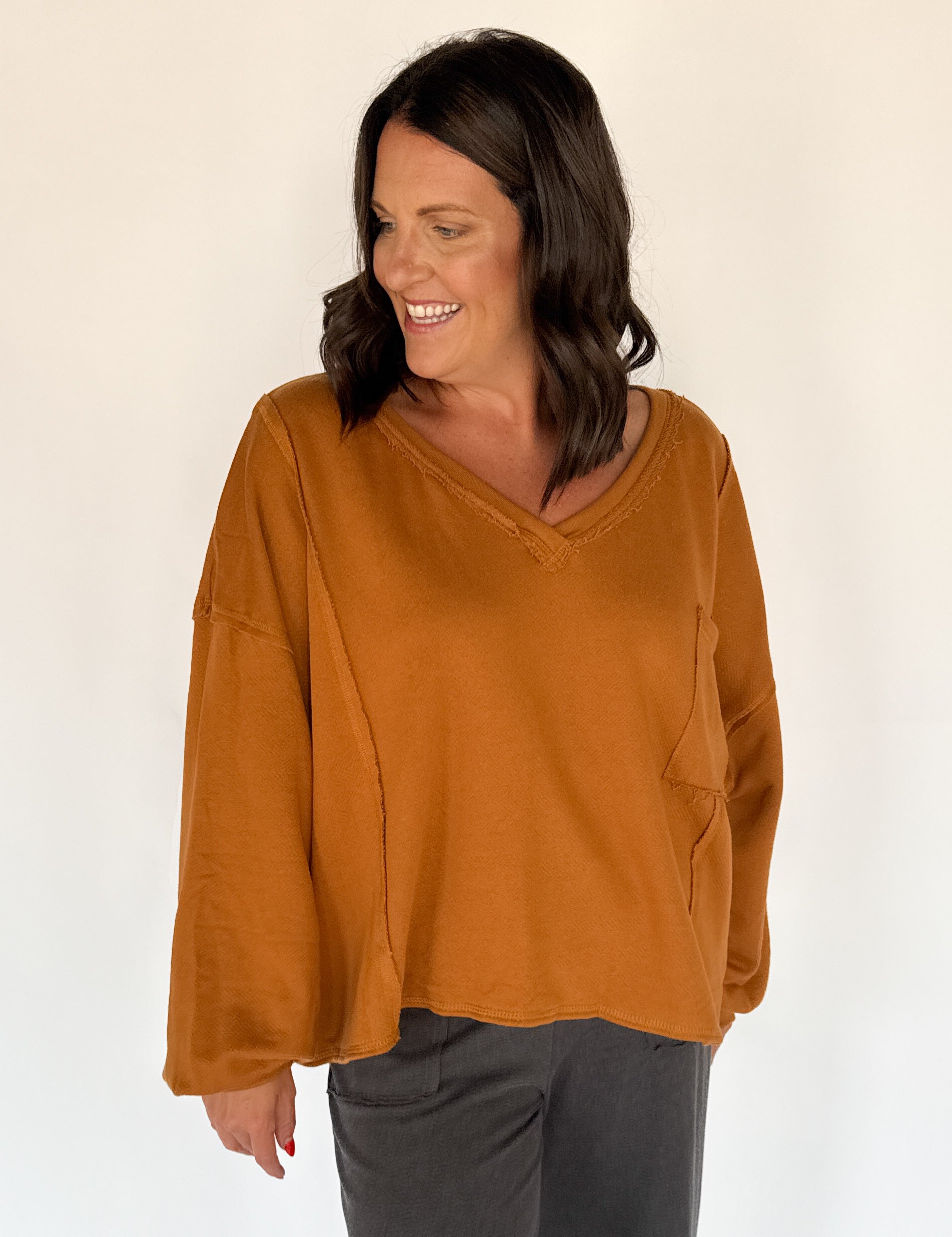 Rust Oversized V Neck Pullover - Ana Patricia Boutique
