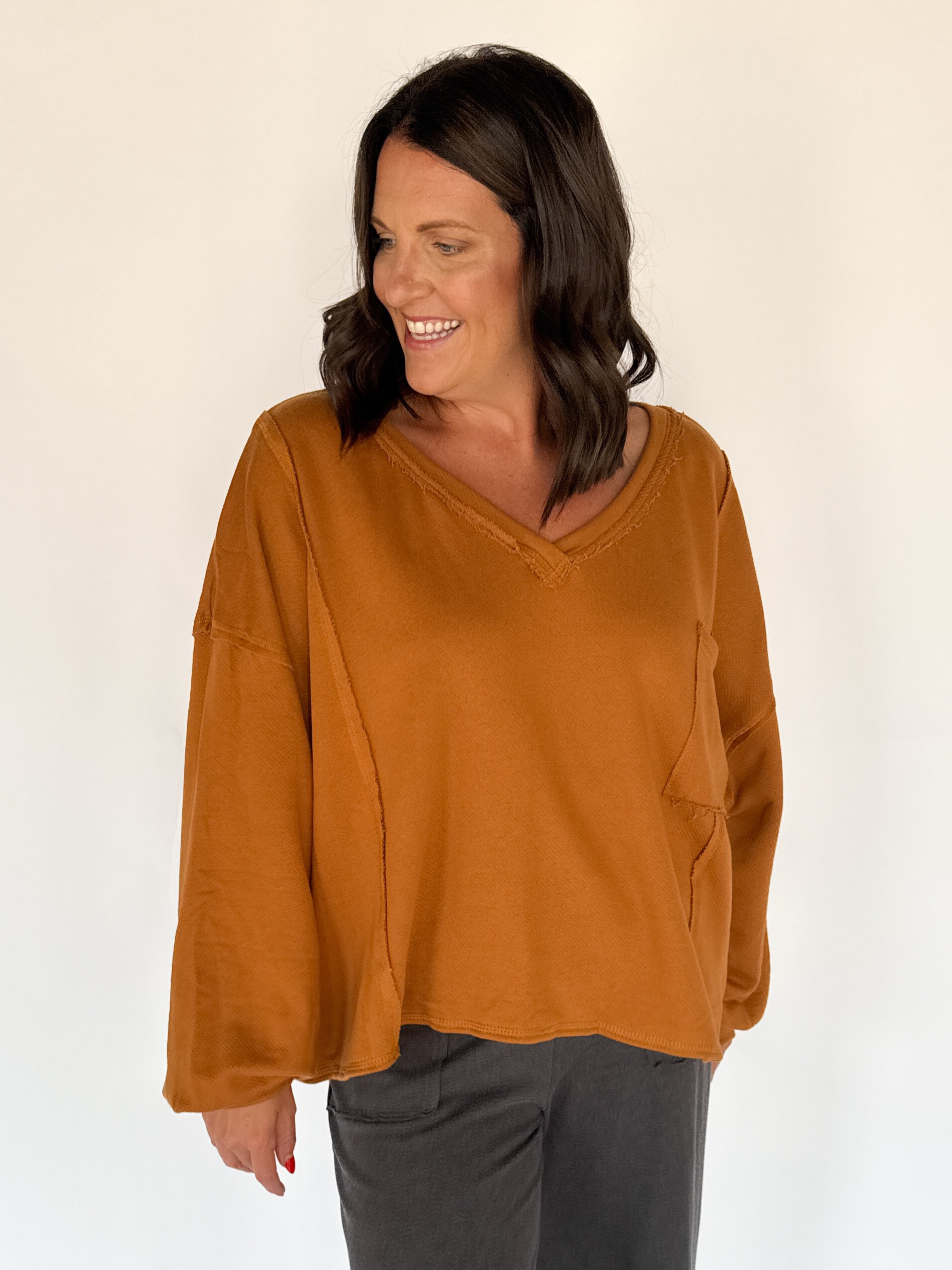 Rust Oversized V Neck Pullover - Ana Patricia Boutique