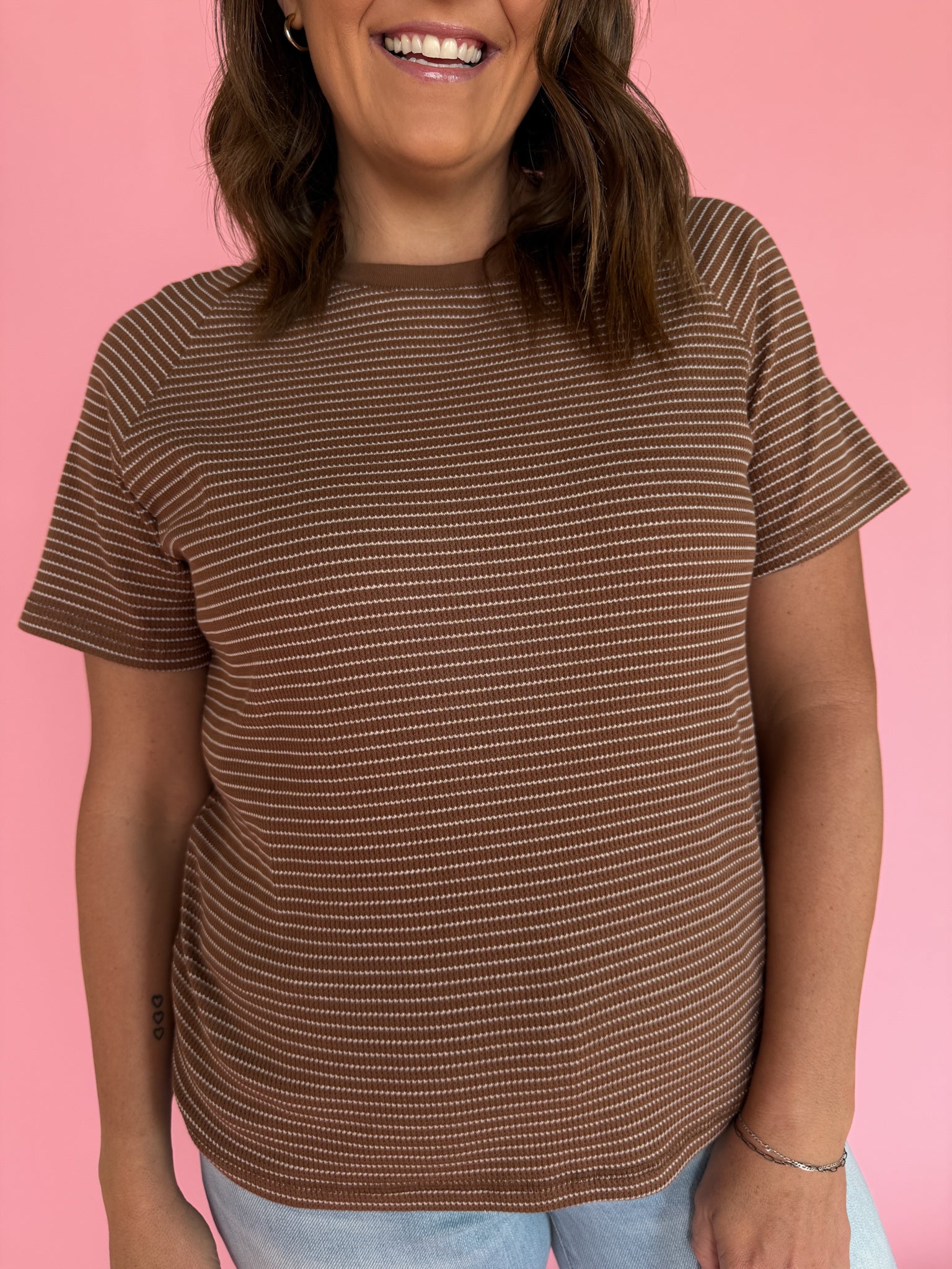 Textured Stripe Tee- Mocha - Ana Patricia Boutique