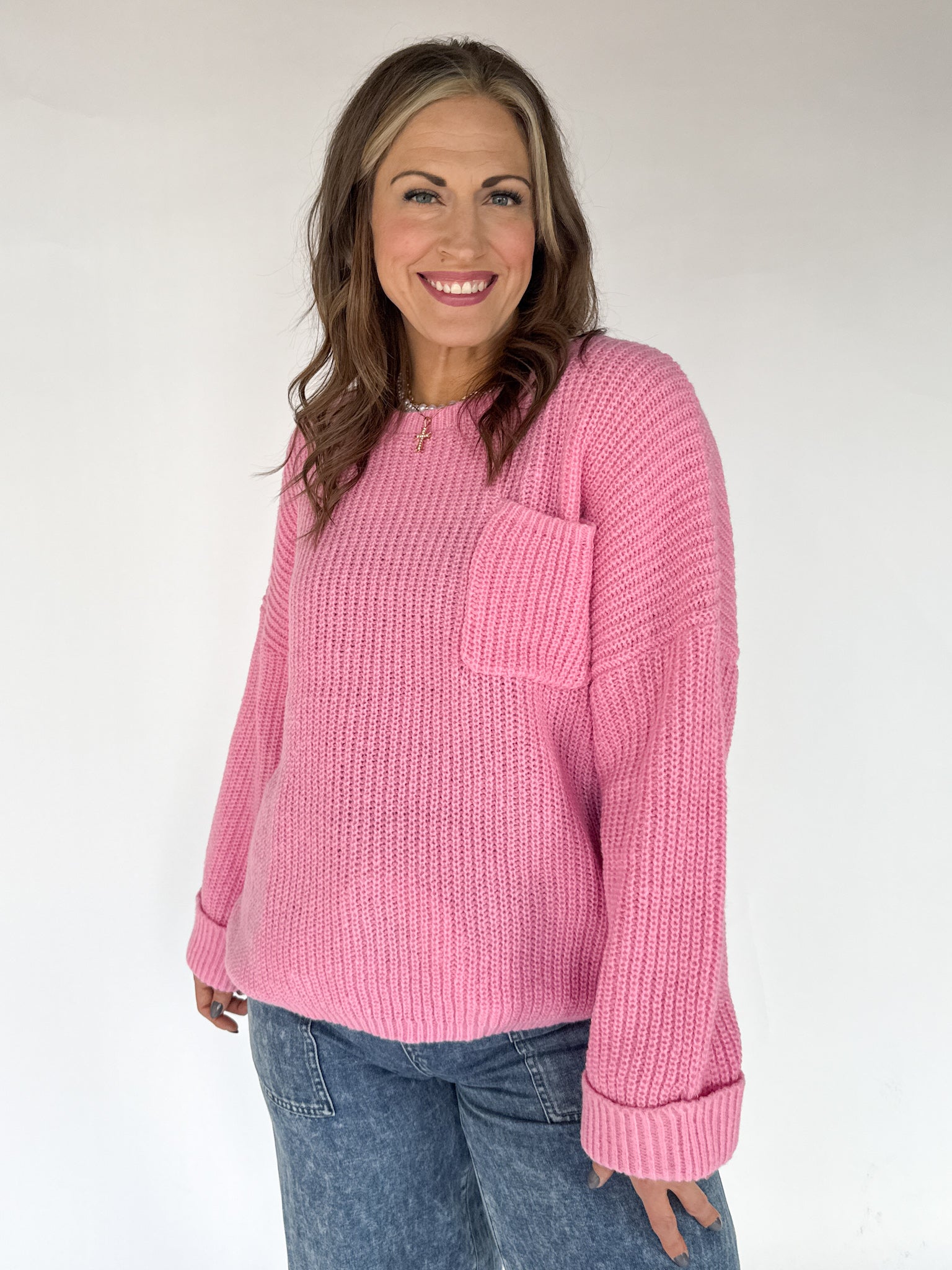 Oversized Front Pocket Sweater- Pink - Ana Patricia Boutique