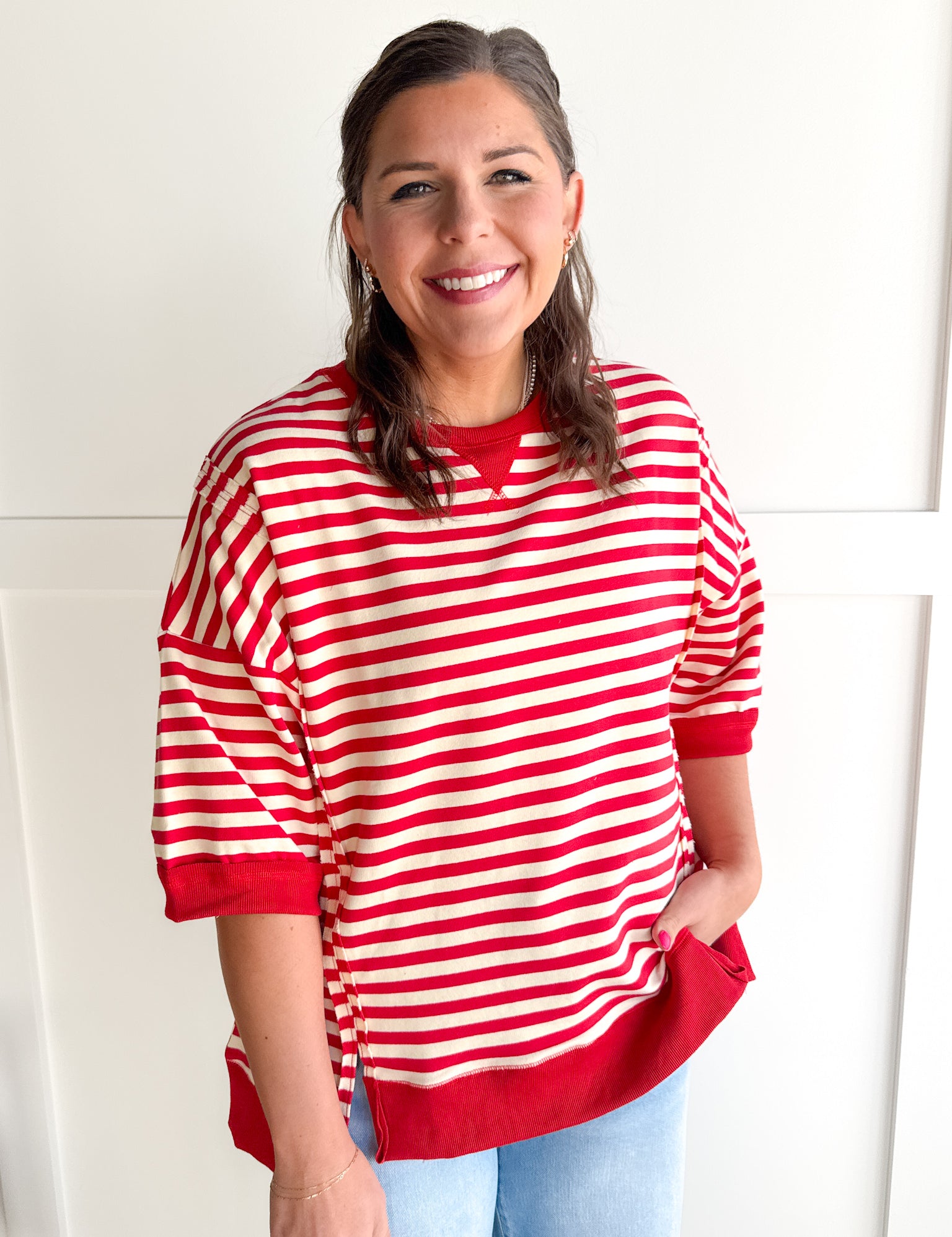 Striped Side Slit Top- Red/Cream - Ana Patricia Boutique