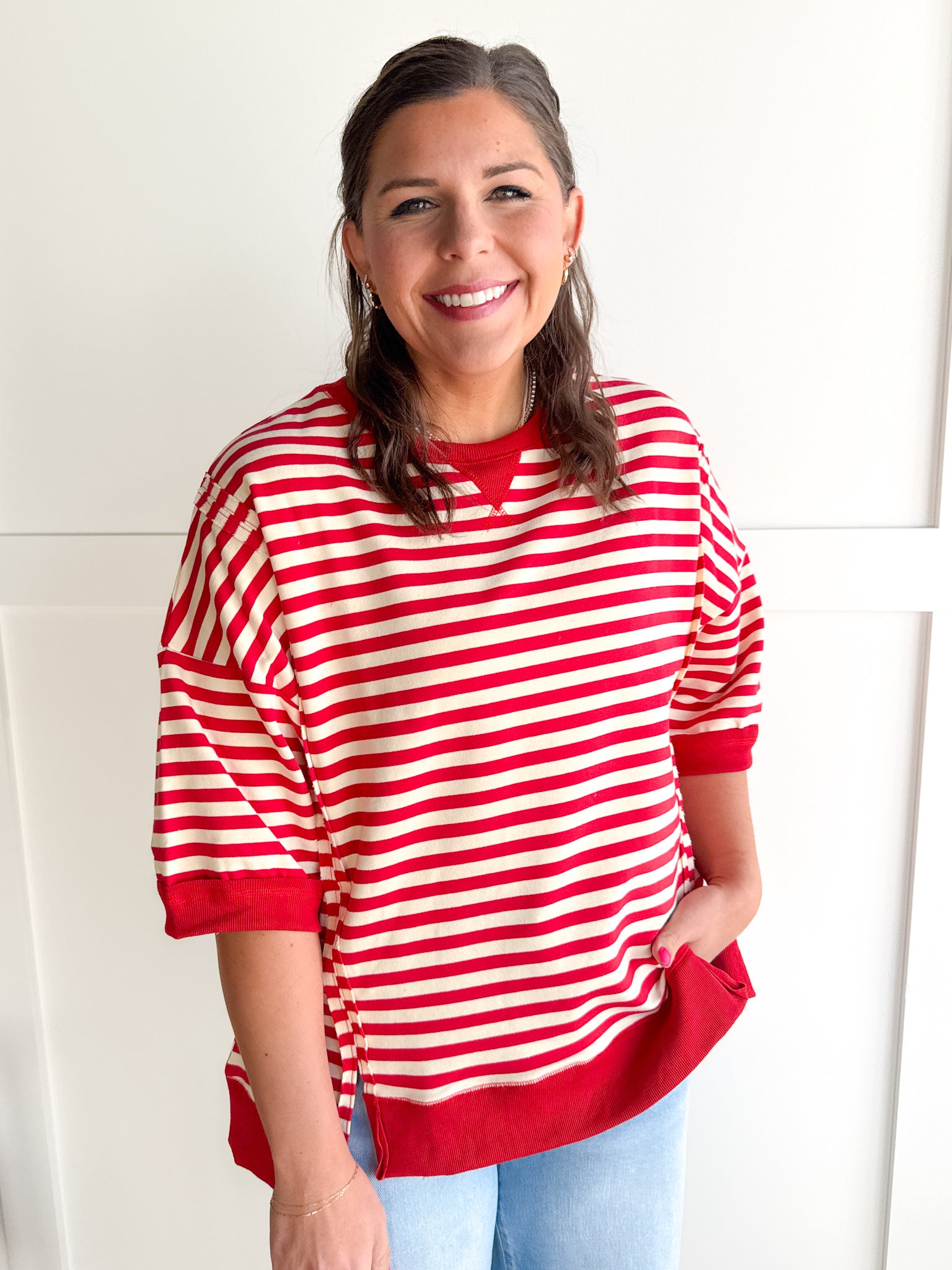 Striped Side Slit Top- Red/Cream - Ana Patricia Boutique