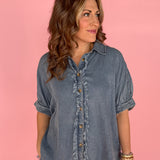 Frayed Trim Denim Button Up