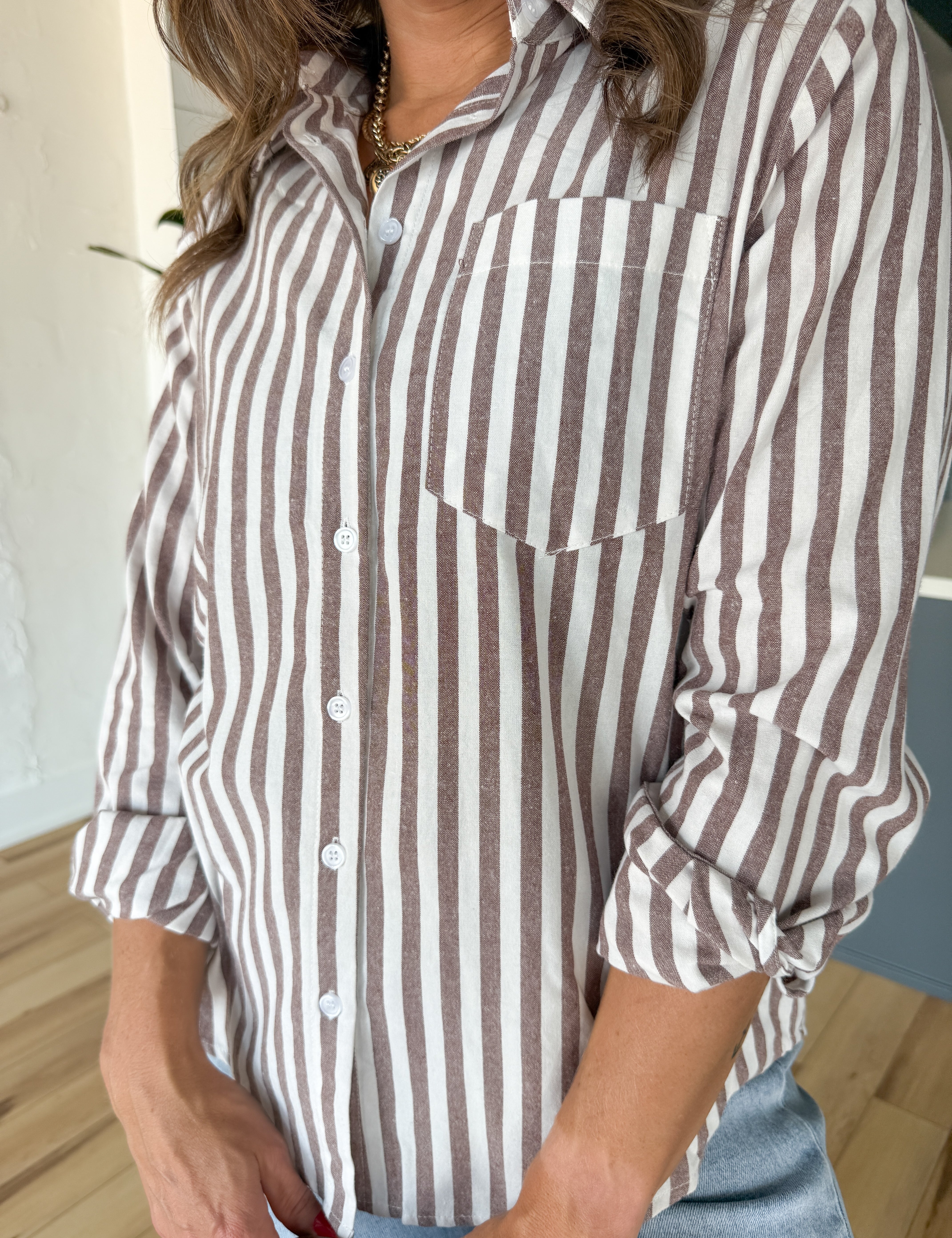 Stripe Button Down Top- Brown - Ana Patricia Boutique