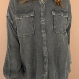 Mineral Wash Waffleknit Button Up-Black
