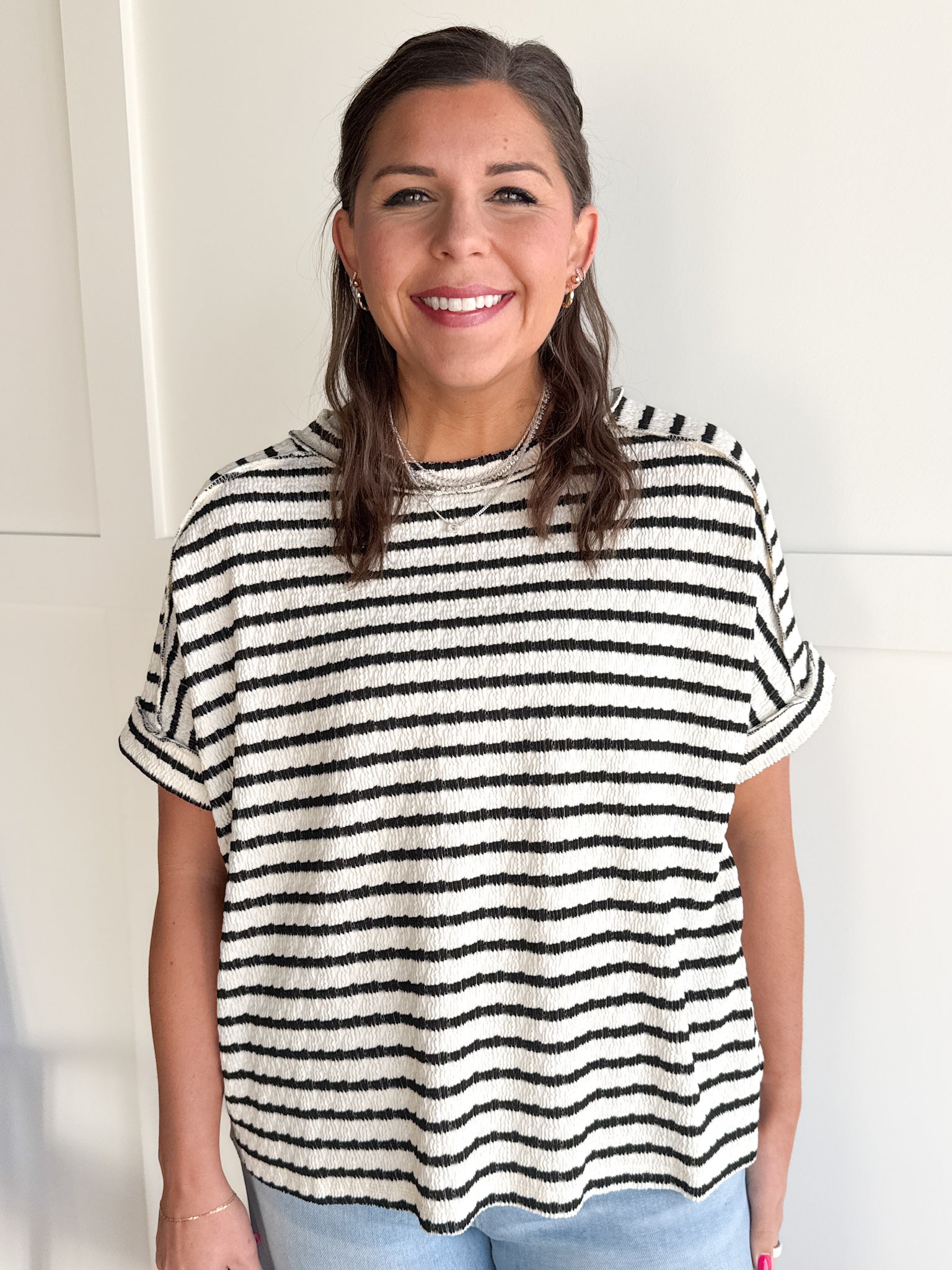 Striped Hi Lo Short Sleeve Top- Black - Ana Patricia Boutique