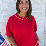 V Neck Piping Top- Red - Ana Patricia Boutique