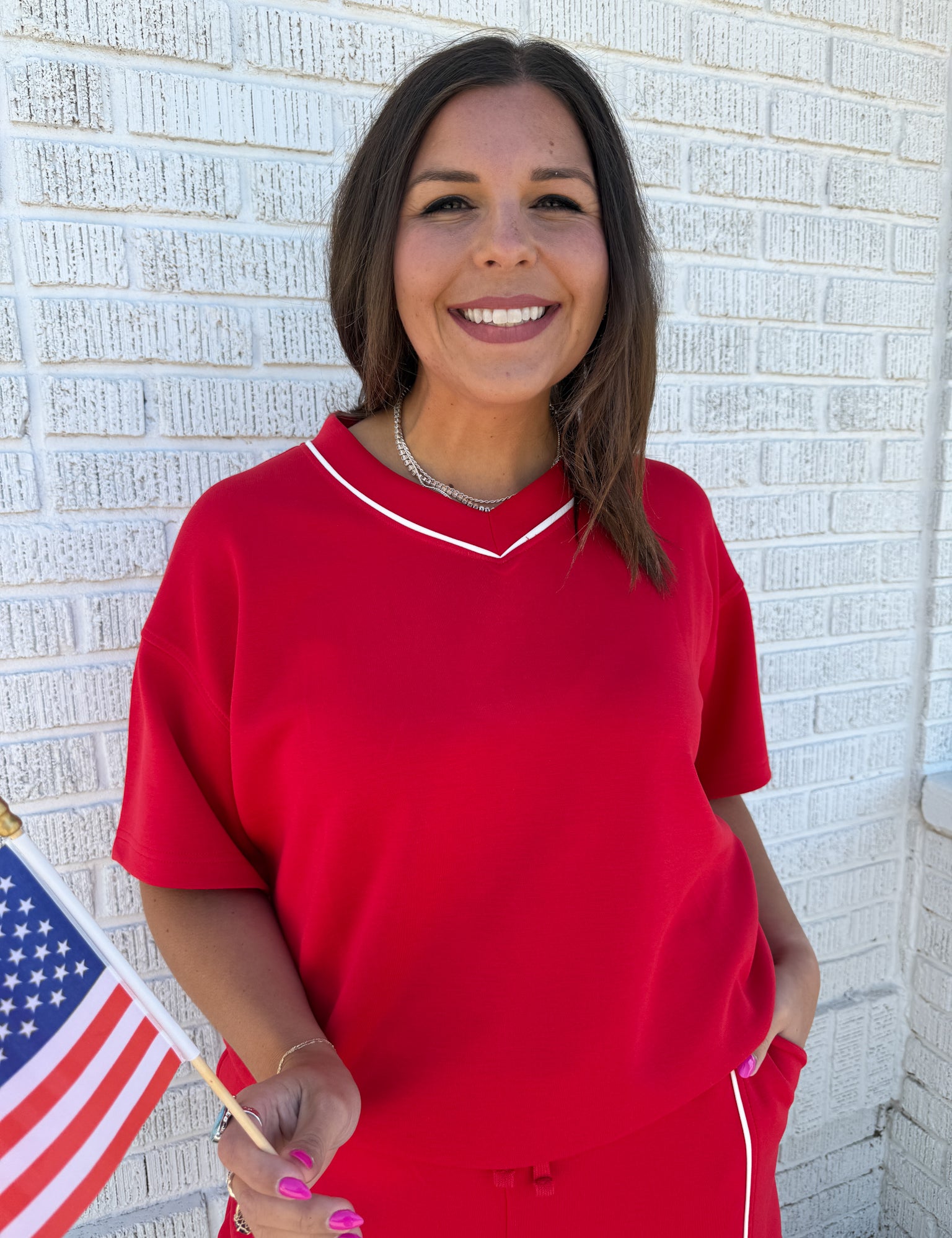 V Neck Piping Top- Red - Ana Patricia Boutique