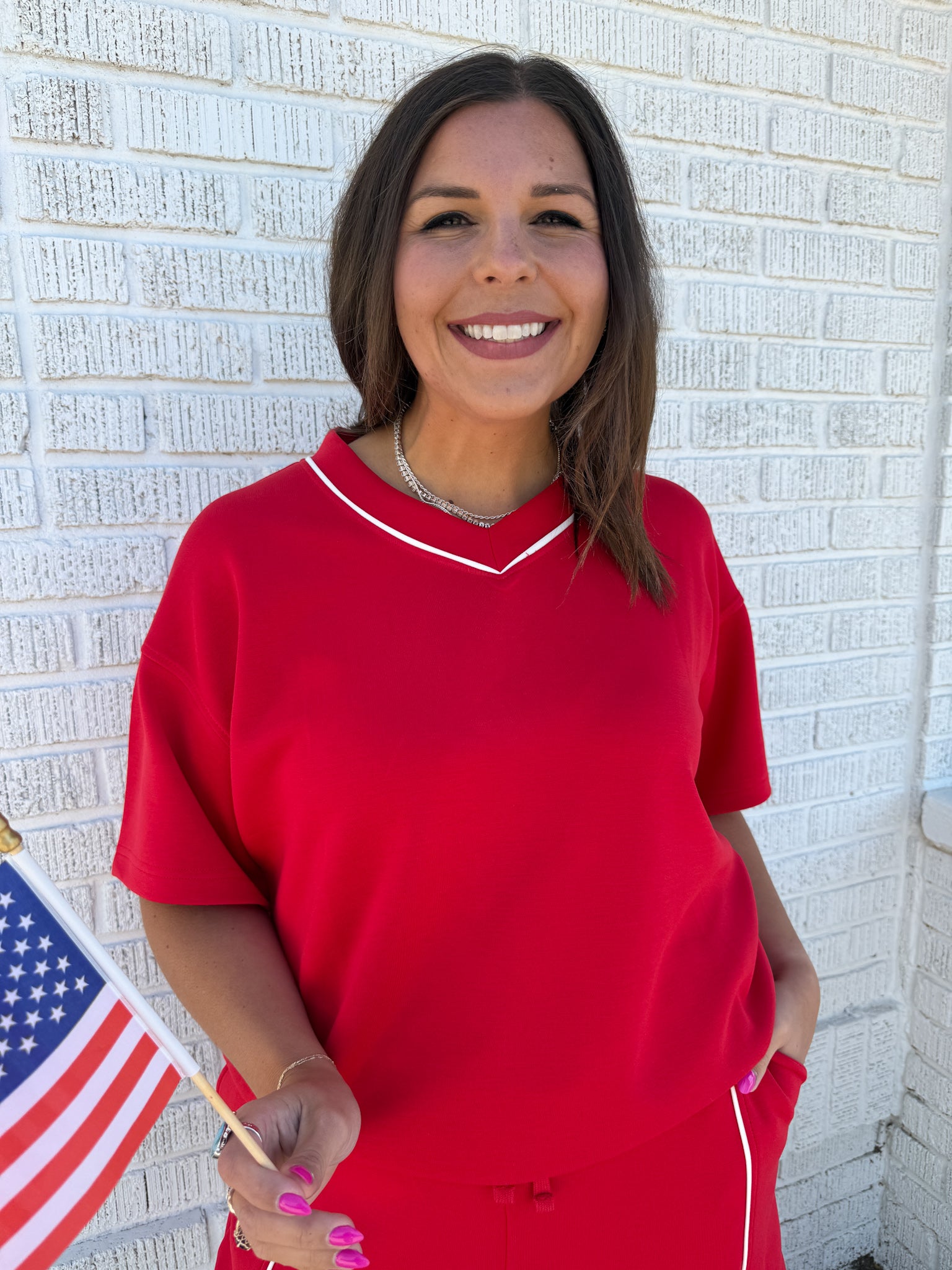 V Neck Piping Top- Red - Ana Patricia Boutique