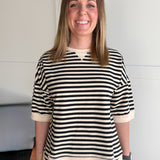 Striped Side Slit Top- Black/Cream - Ana Patricia Boutique