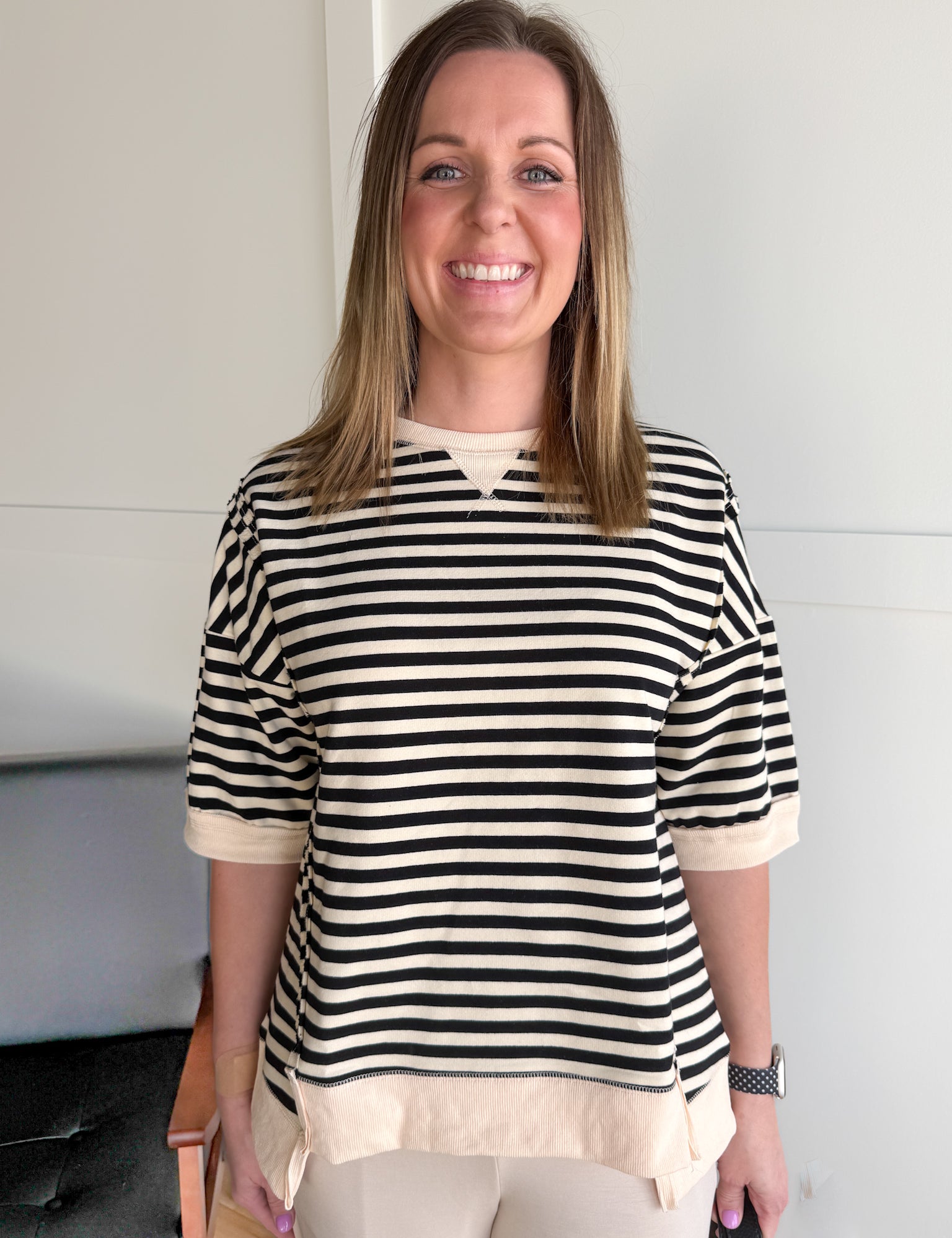 Striped Side Slit Top- Black/Cream - Ana Patricia Boutique