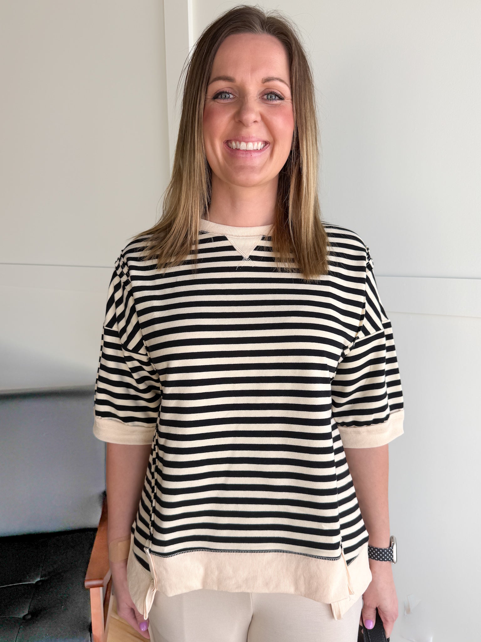 Striped Side Slit Top- Black/Cream - Ana Patricia Boutique