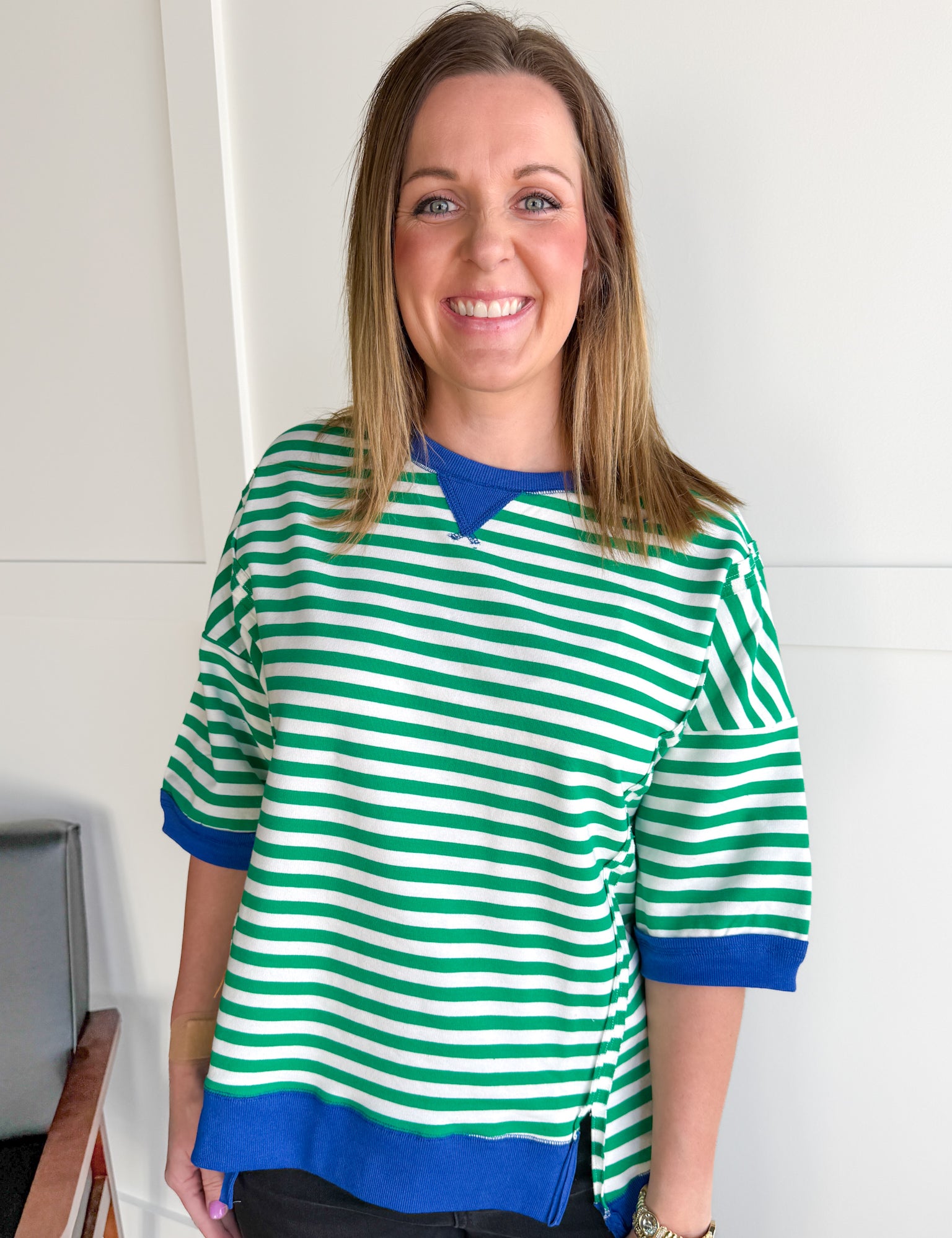 Striped Side Slit Top- Green/Cream - Ana Patricia Boutique