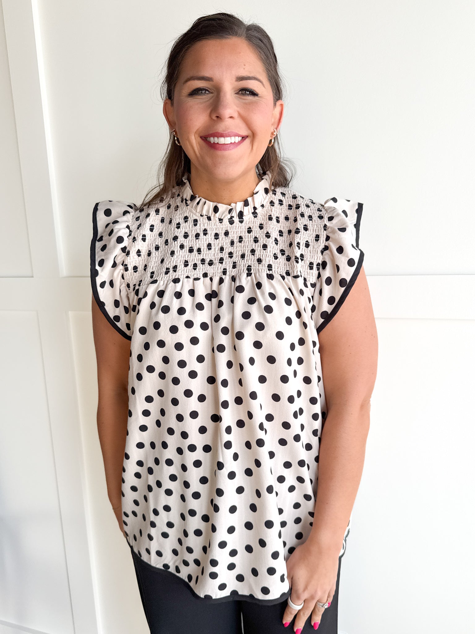 Polka Dot Smocked Top- Oatmeal - Ana Patricia Boutique