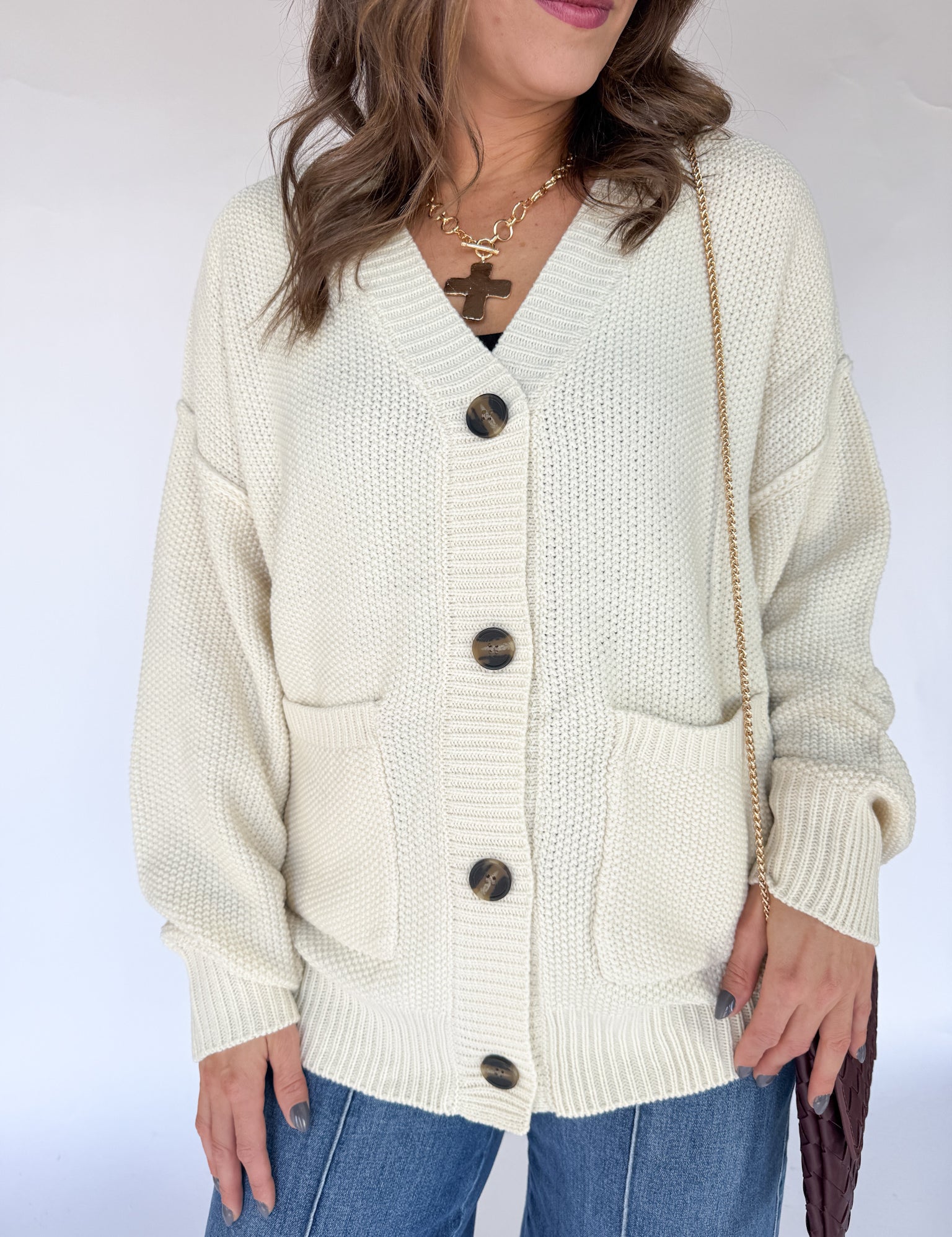 V Neck Waffleknit Cardigan- Ivory - Ana Patricia Boutique
