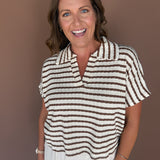Split Neck Collared Top- Brown