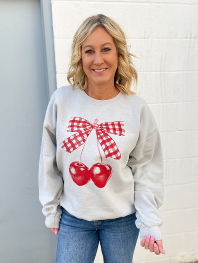 Gingham Bow Cherry Crewneck