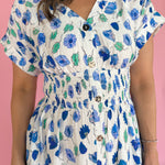 Floral Print Smocked Waist Midi Dress-White/Blue - Ana Patricia Boutique