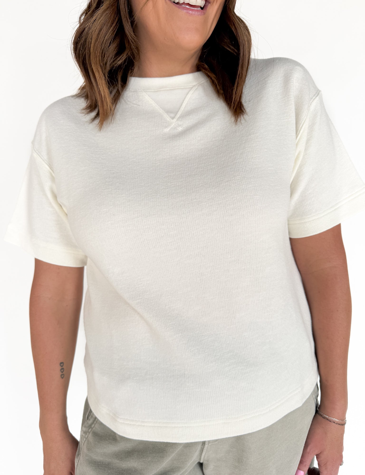 Crew Neck Short Sleeve Top- Cream - Ana Patricia Boutique