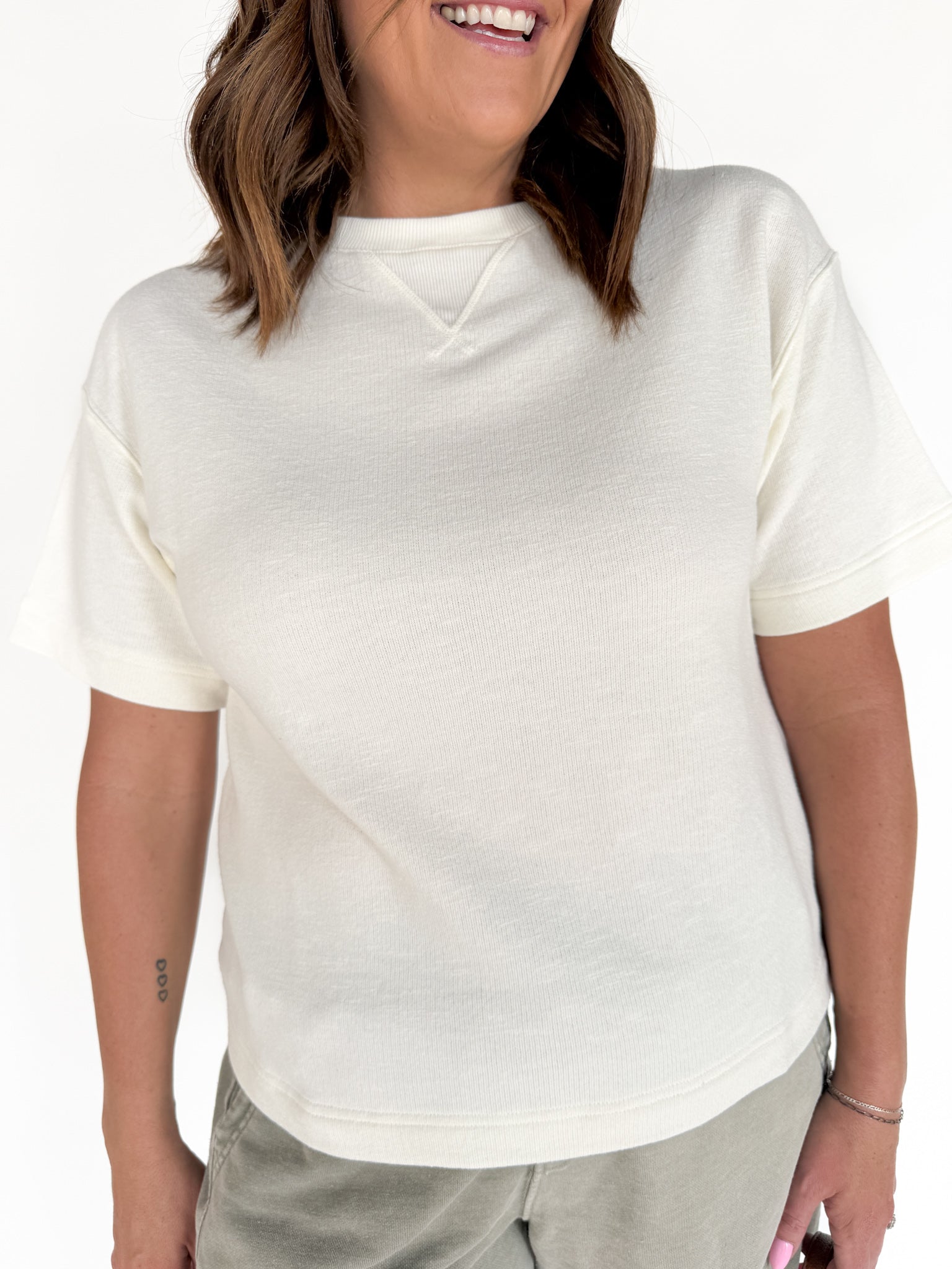Crew Neck Short Sleeve Top- Cream - Ana Patricia Boutique