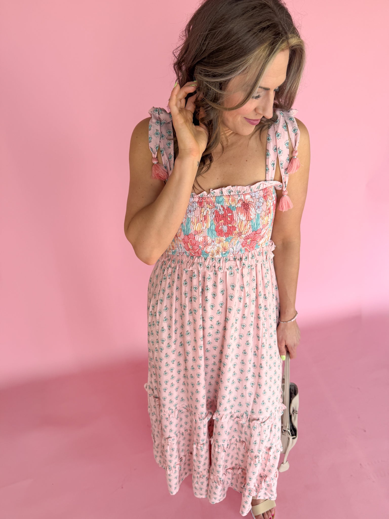 Floral Print Boho Smocked Dress- Pink/Peach - Ana Patricia Boutique