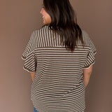 Scallop Trim Stripe Knit Top-Mocha