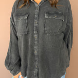 Mineral Wash Waffleknit Button Up-Black