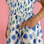 Floral Print Smocked Waist Midi Dress-White/Blue - Ana Patricia Boutique
