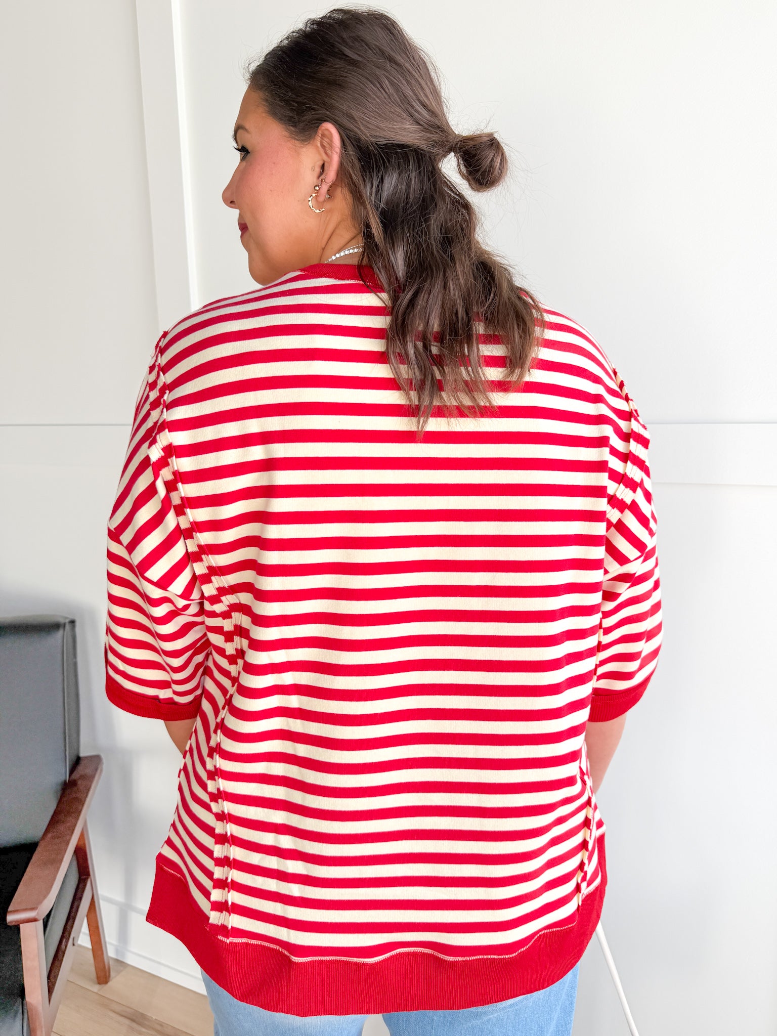 Striped Side Slit Top- Red/Cream - Ana Patricia Boutique