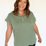 Half Button Mineral Wash Tee- Olive