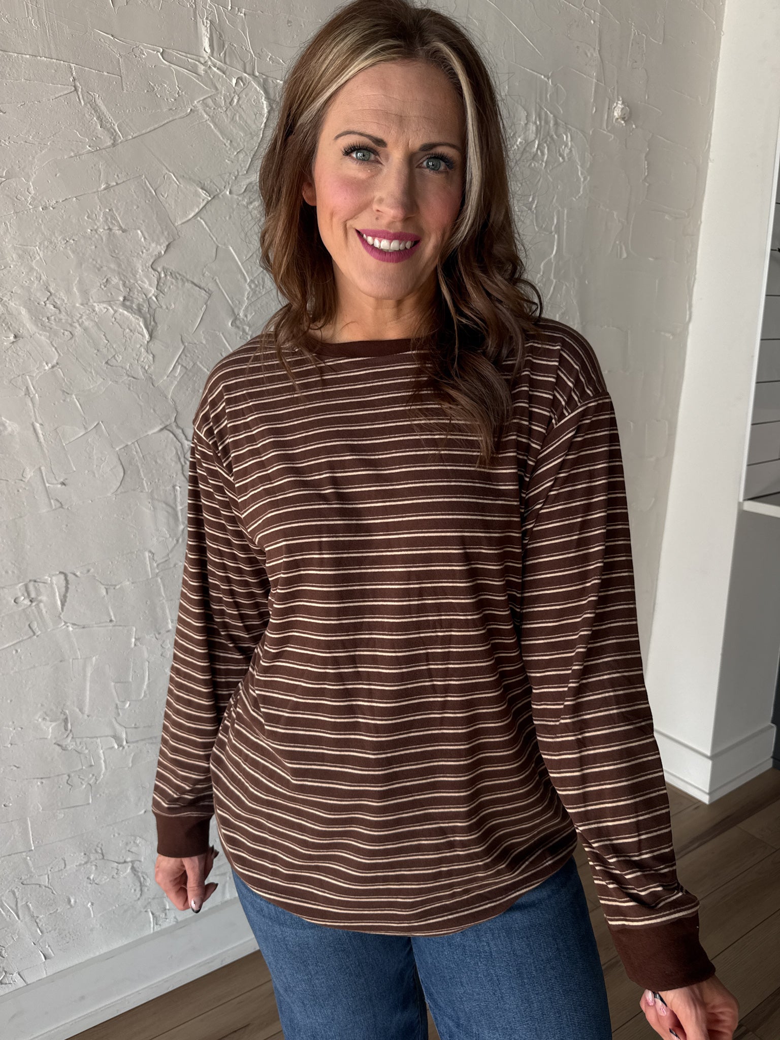Striped Crewneck Top- Brown - Ana Patricia Boutique