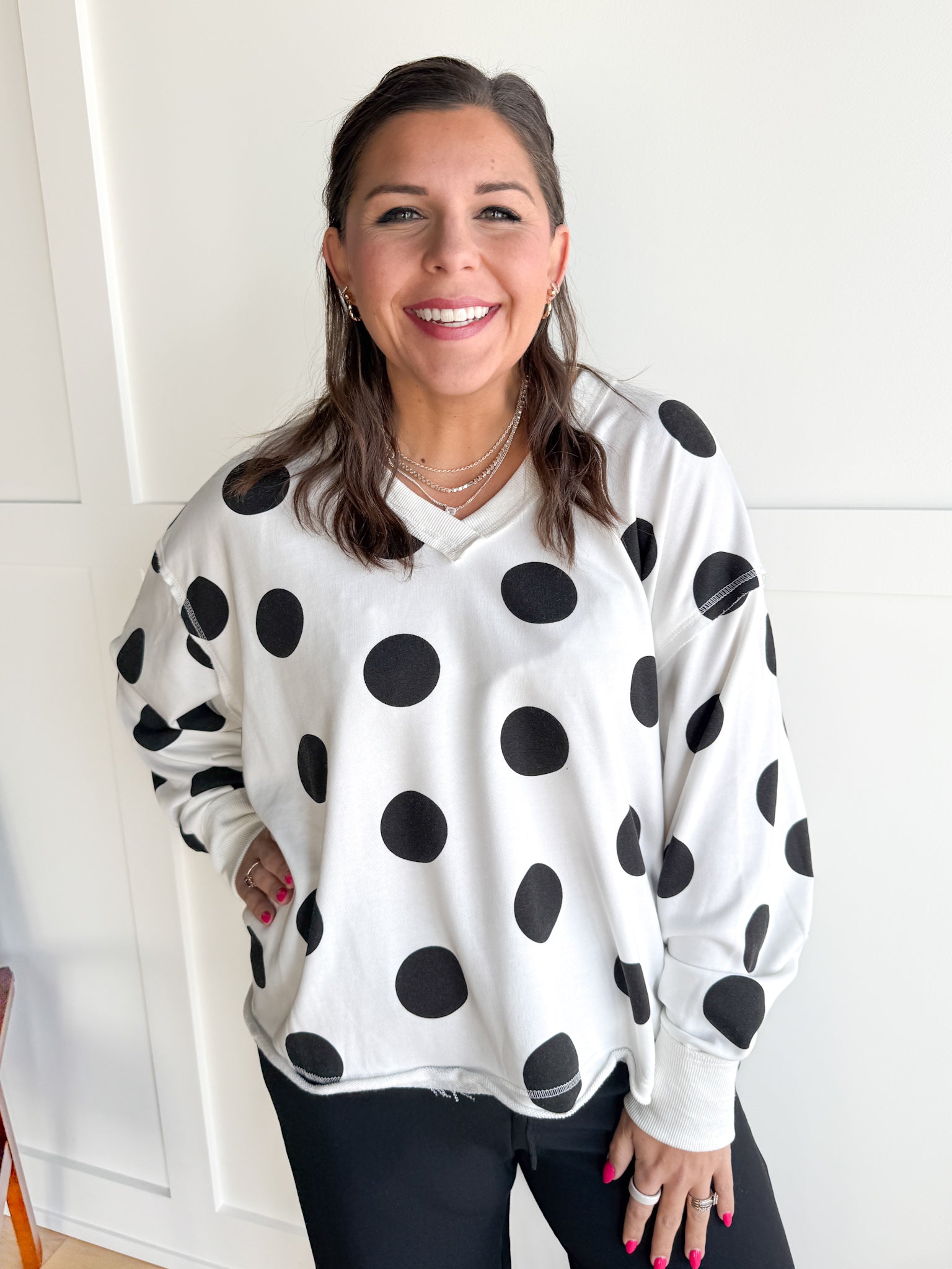 V Neck Polka Dot Pullover-Ivory/Black - Ana Patricia Boutique