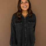 Mineral Wash Waffleknit Button Up-Black