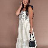 Embroidery Detail Midi Dress- Oatmeal - Ana Patricia Boutique
