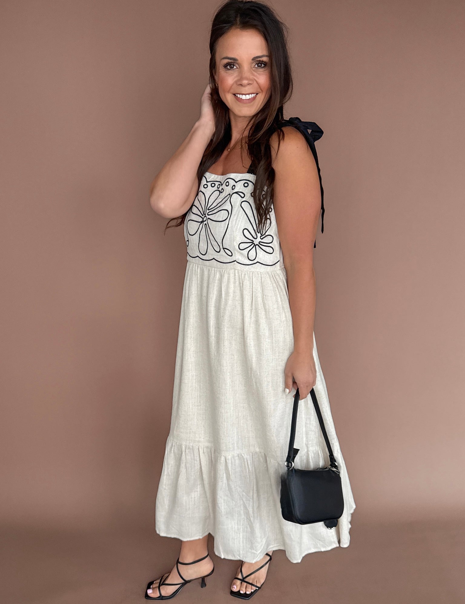 Embroidery Detail Midi Dress- Oatmeal - Ana Patricia Boutique