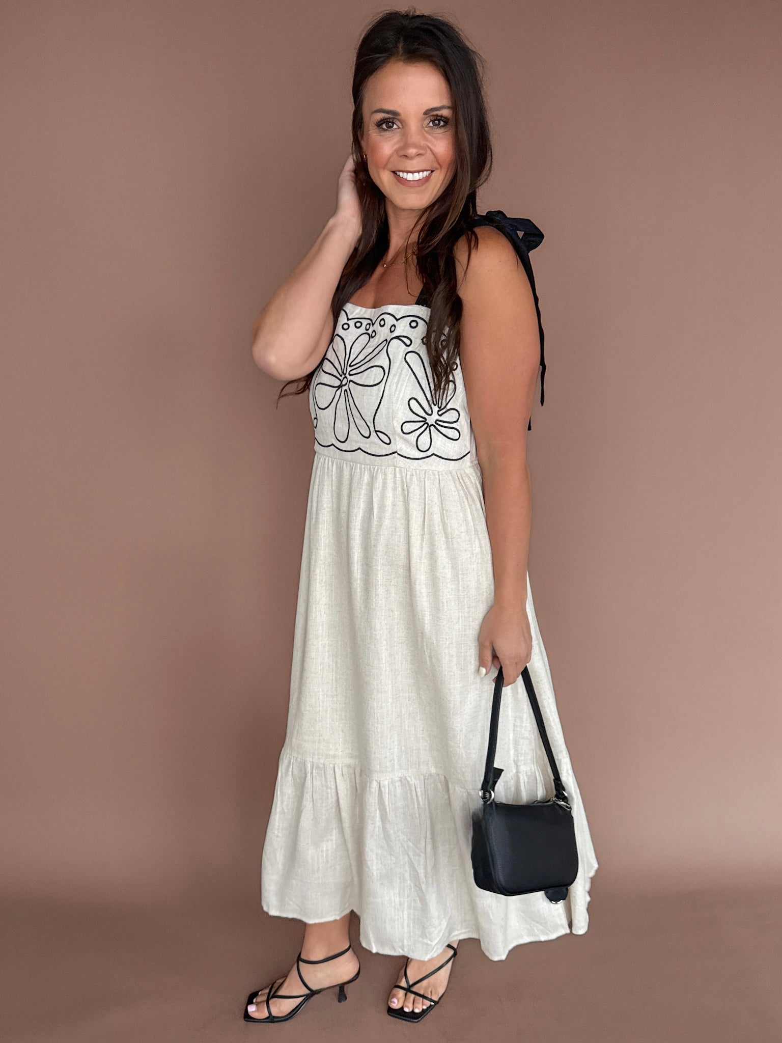 Embroidery Detail Midi Dress- Oatmeal - Ana Patricia Boutique