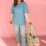 Lace Sleeve Layered T Shirt-Blue