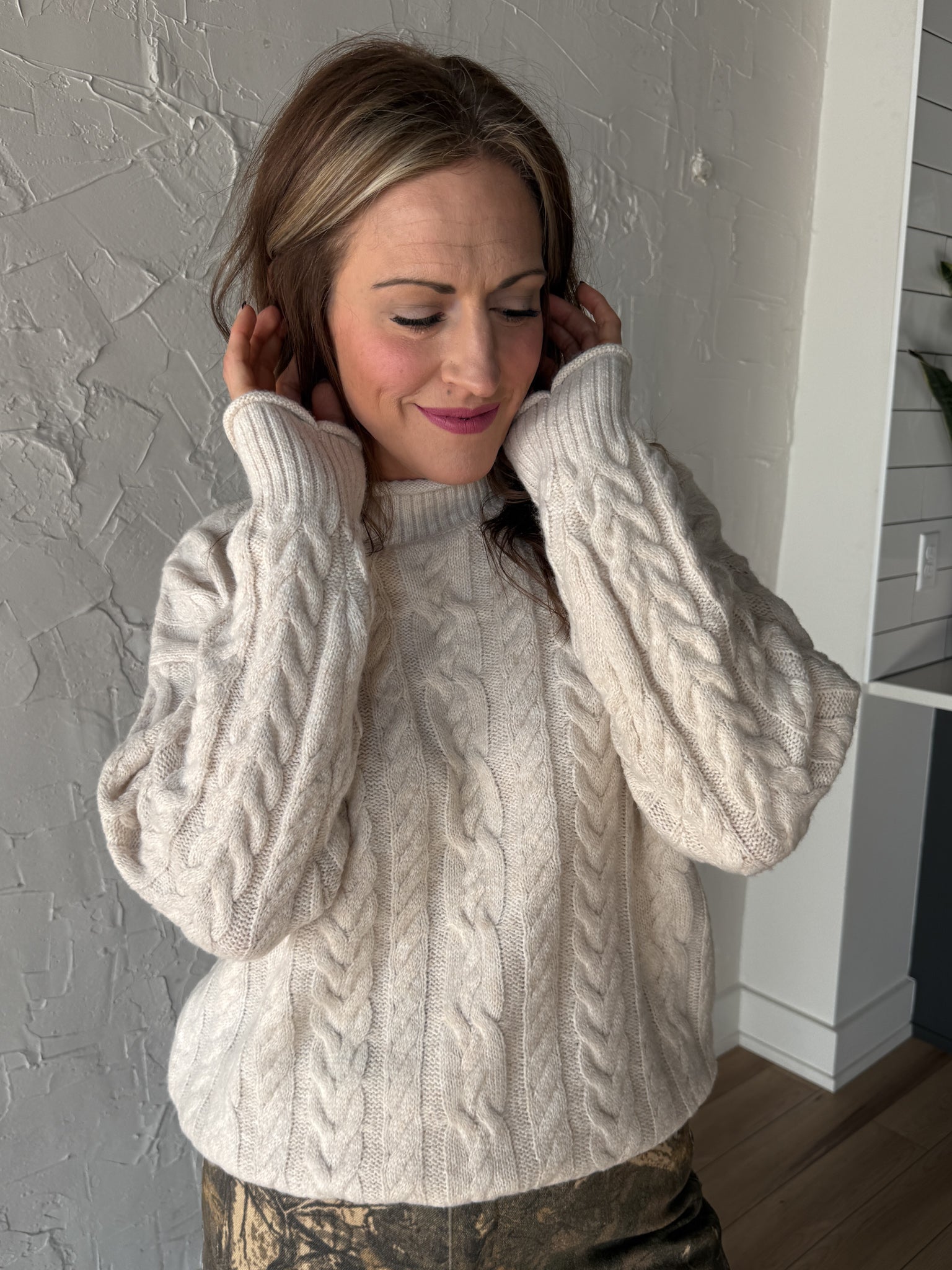 Cable Knit Mock Neck Sweater- Oatmeal - Ana Patricia Boutique