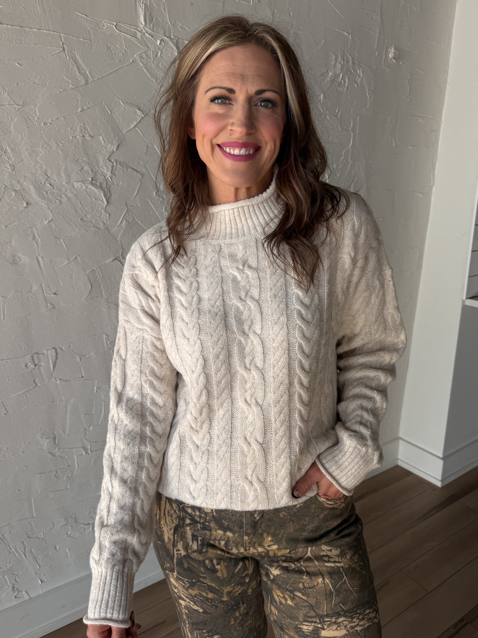 Cable Knit Mock Neck Sweater- Oatmeal - Ana Patricia Boutique