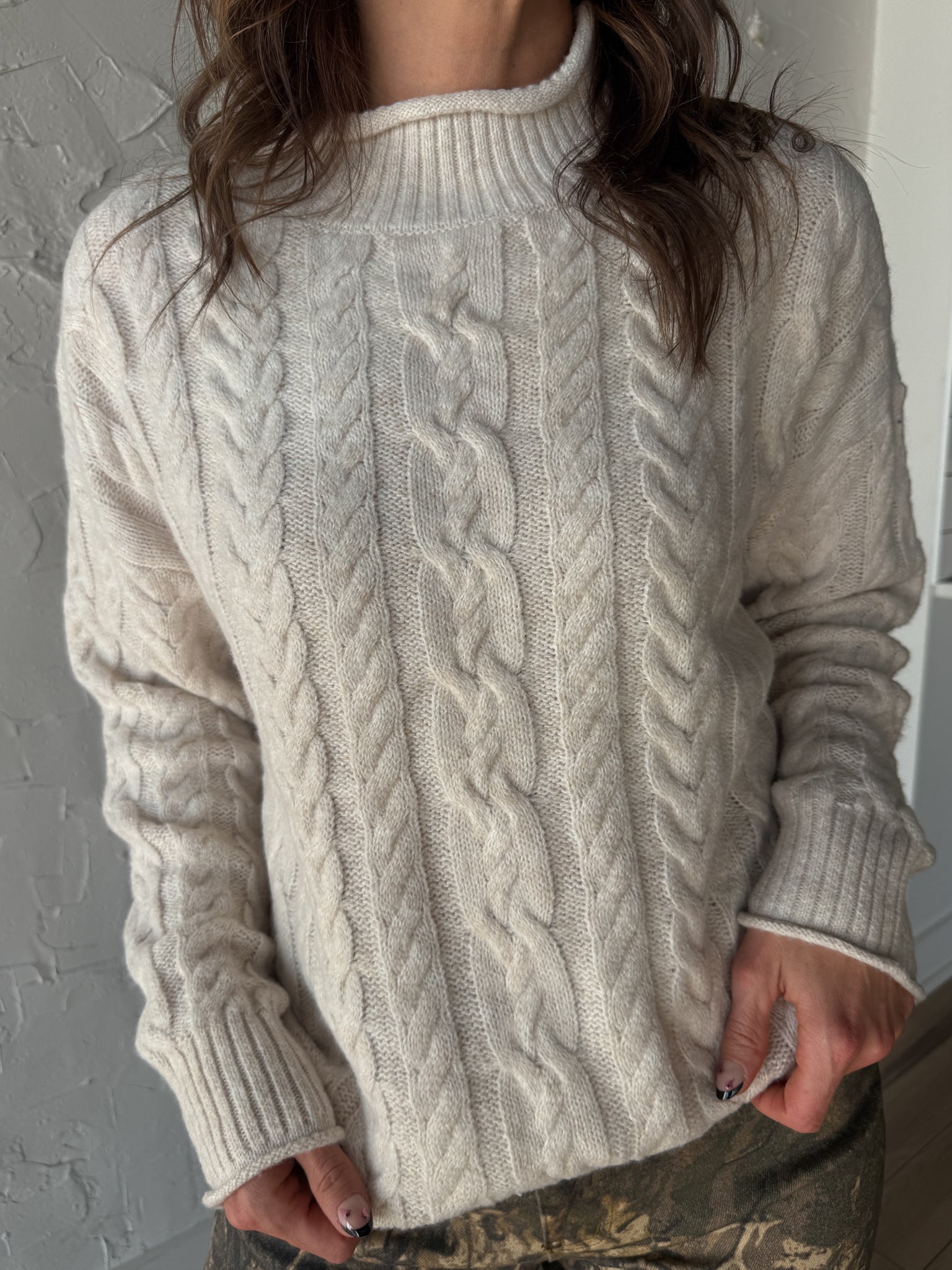 Cable Knit Mock Neck Sweater- Oatmeal - Ana Patricia Boutique