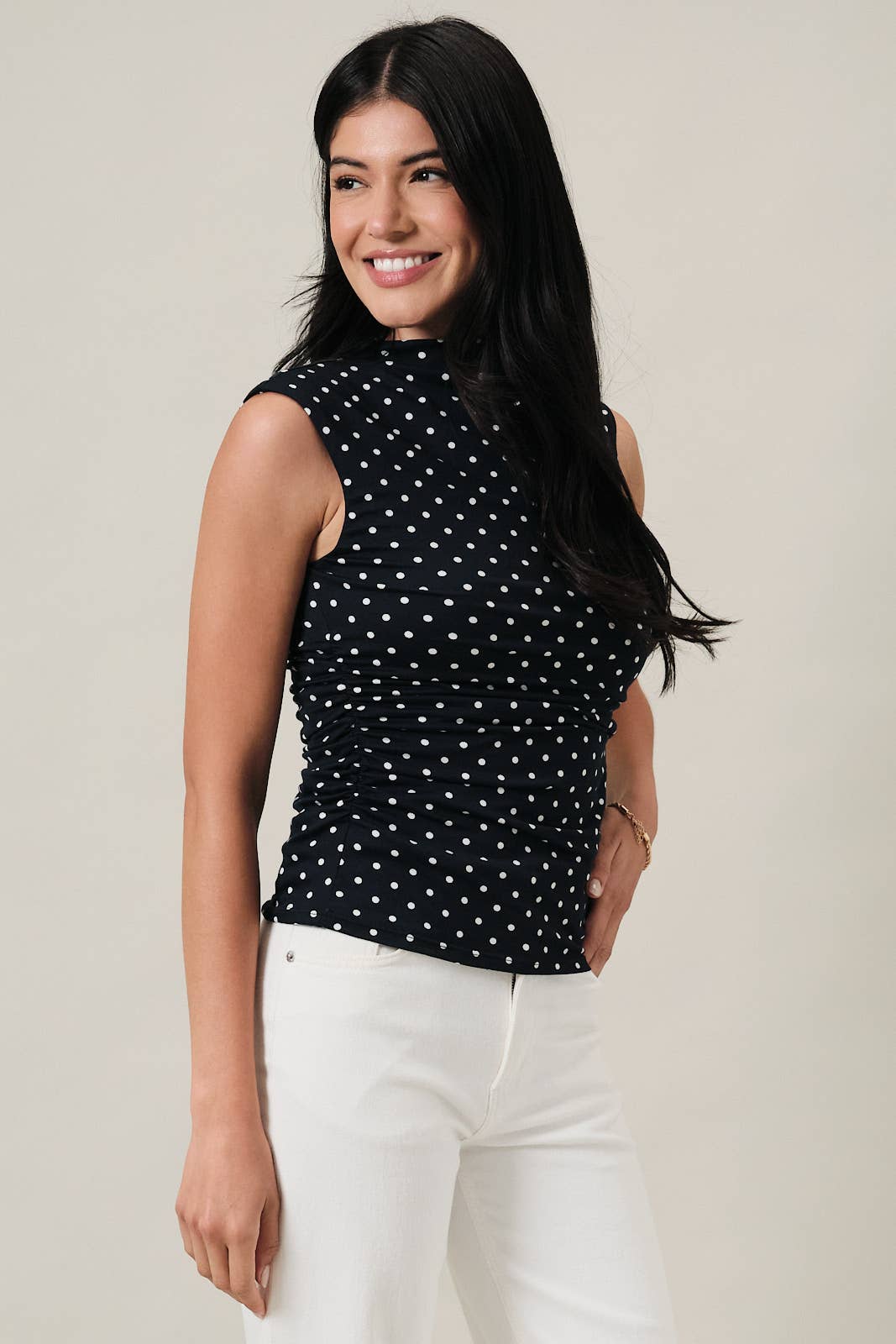 Mock Neck Polka Dot Top- Navy - Ana Patricia Boutique