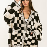 Checkered Sweater Cardigan- Blk/Wht