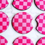 2 Car Coasters, Pink Checkerboard Design - Ana Patricia Boutique