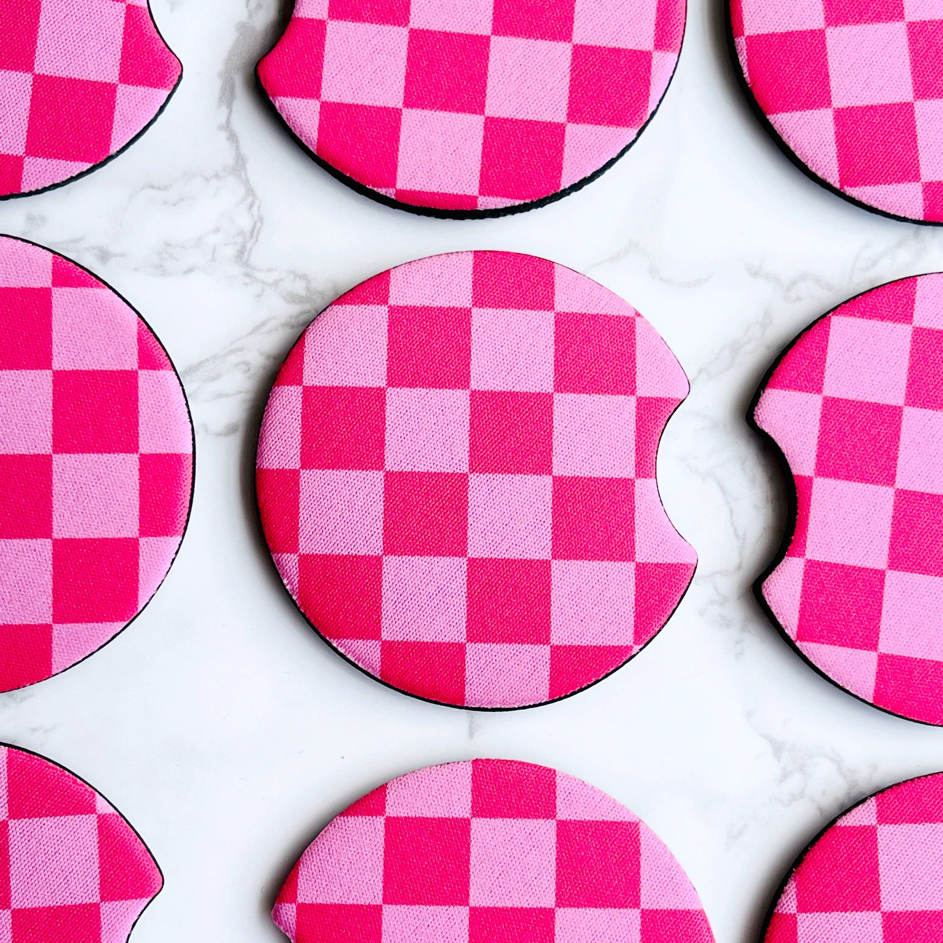 2 Car Coasters, Pink Checkerboard Design - Ana Patricia Boutique