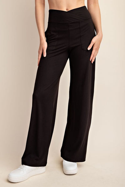 V Waist Wide Leg Pants- Black